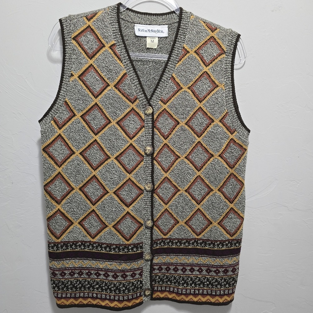 Vintage 90s Norton McNaughton Sweater Vest Womens M Argyle Button Front USA Made